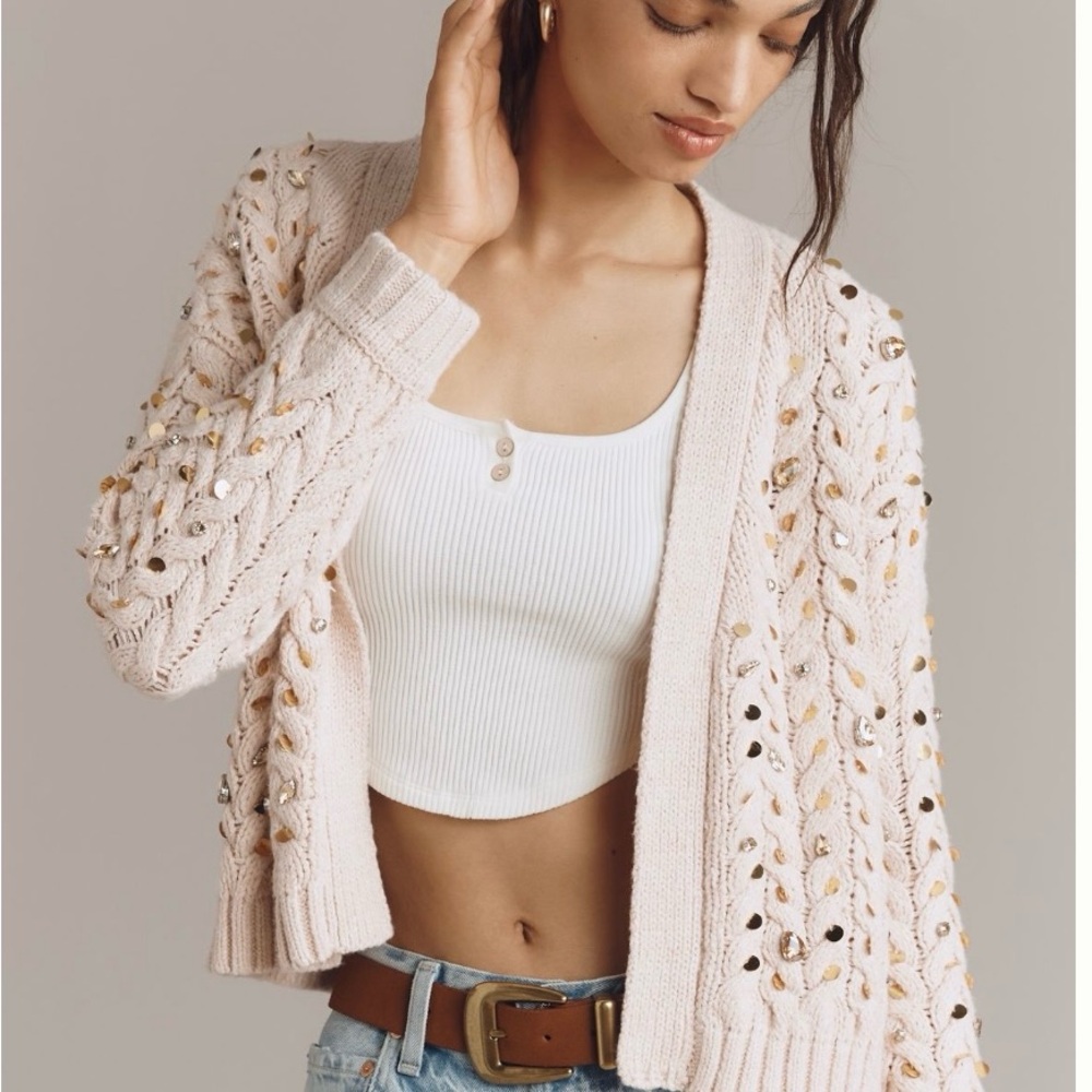 Anthropologie Cream Cardigan with Gold Accents